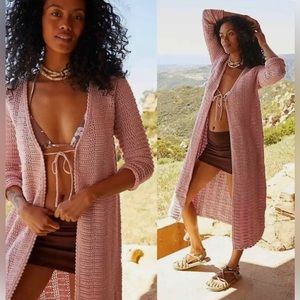 FP Beach Landry Fauxchet Duster- Crotchet Knit Cardigan Sage Green Color